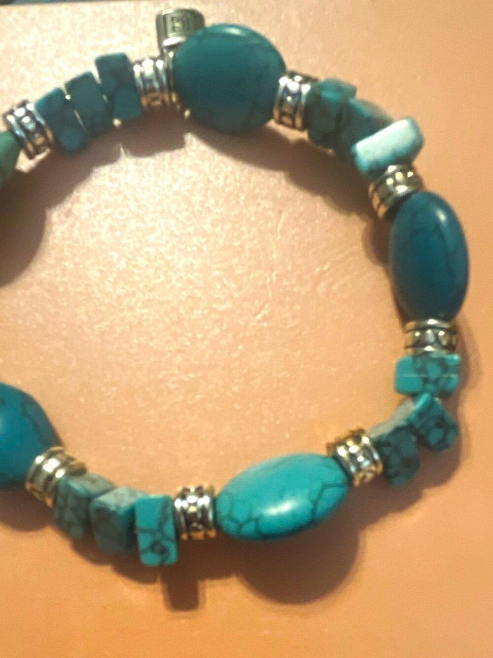 Blue Turquoise Stone Beaded Charm Bracelet Silver Padlock Dangle Charm Chaps